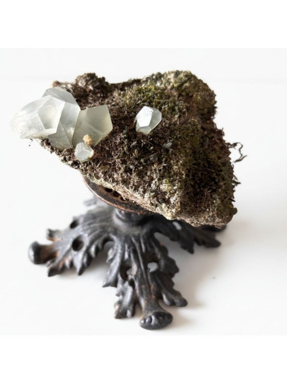 Phantom Quartz Cluster Moss Crystal Vintage Ornate Gothic Metal Stand